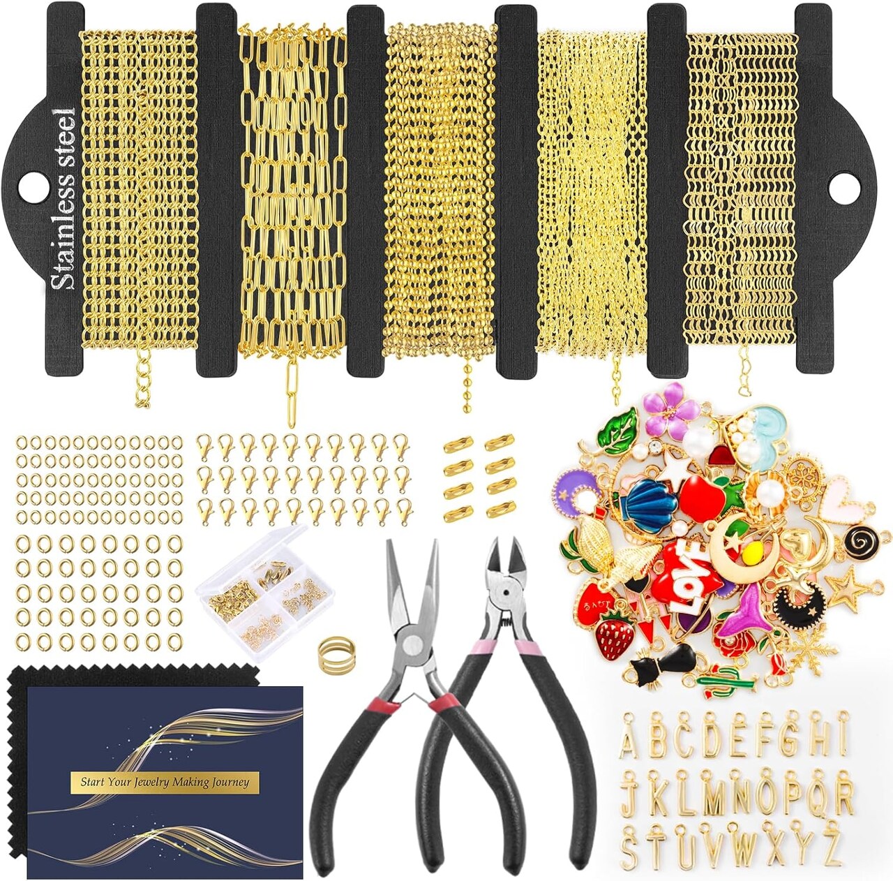 16.4 FT Gold Chain Jewelry Making Kit – Stainless Steel Necklace Chains with Jump Rings, Lobster Clasps, Charms & Pliers for DIY Jewelry